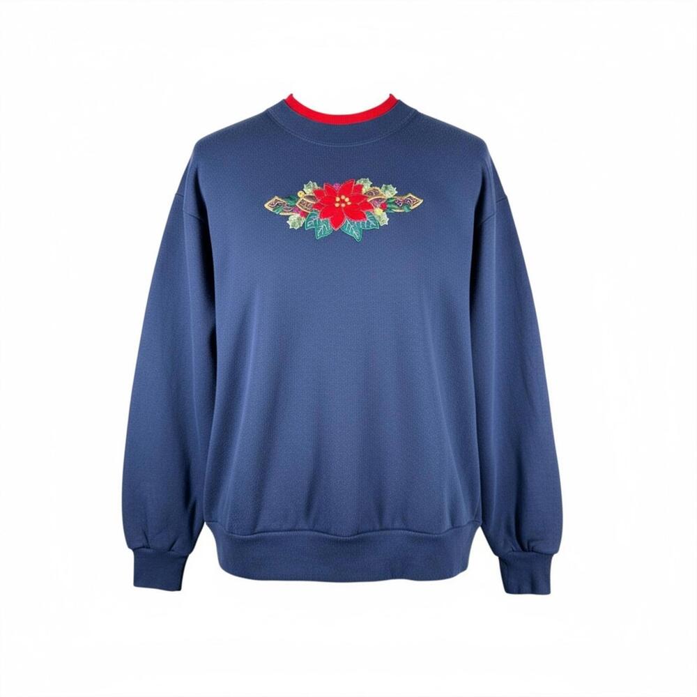 Vintage 90s Calico Harbor Womens L Double Collar Crew Neck Christmas Poinsettia‎